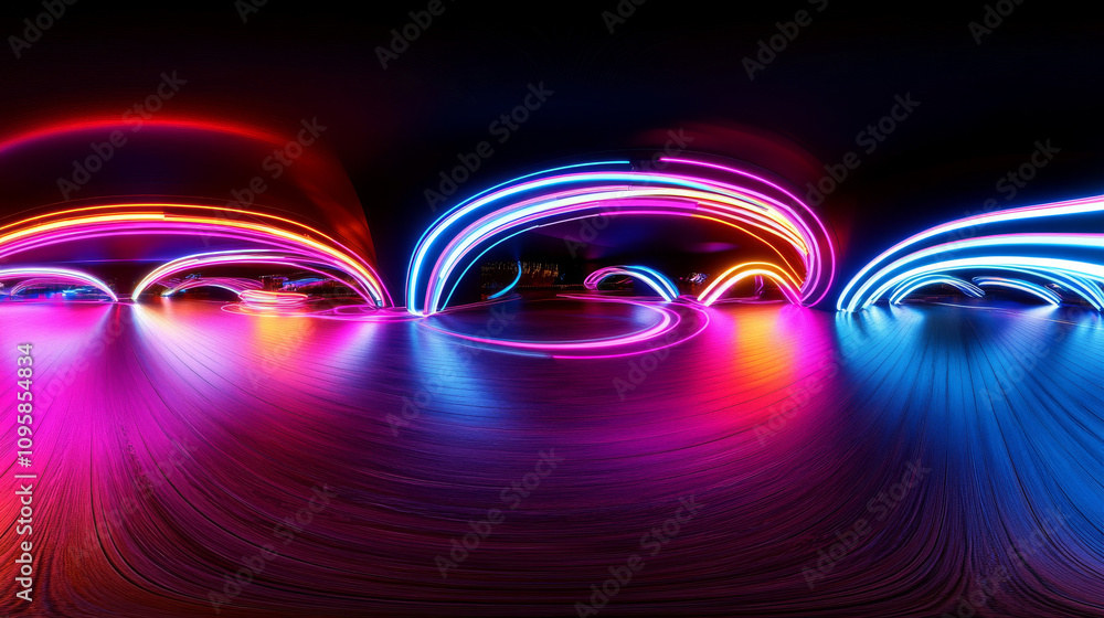 Poster 360 degree panorama view.a 3d image showing colorful neon lines.