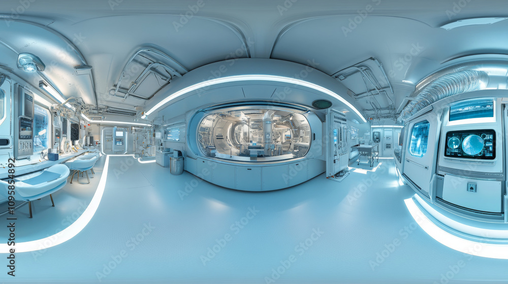 Poster 360 degree panorama view.a futuristic spaceship lab is shown in a 3d rendering. it's a panoramic vie