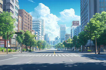 Obraz premium Anime Style City Road View in the Afternoon