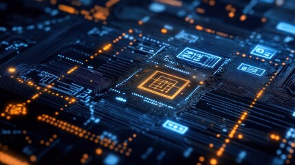 Fototapeta premium A close-up view of a high-tech circuit board with glowing components.