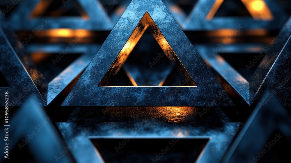 Poster a close-up of metallic triangular shapes with glowing accents, creating a modern abstract design.