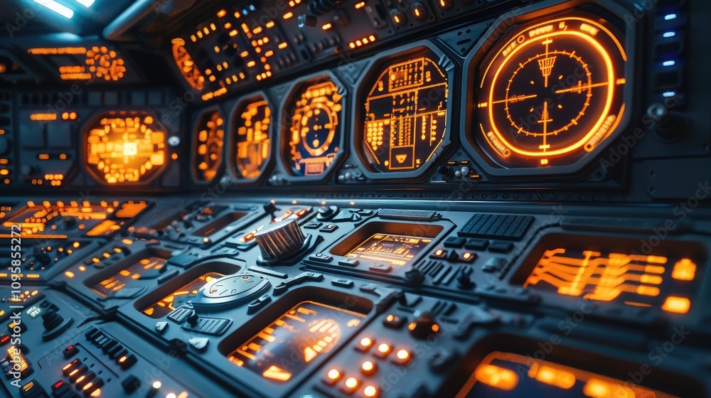 Poster a high tech interior of a spaceship flight control panel, with lots of orange and white flashing lig