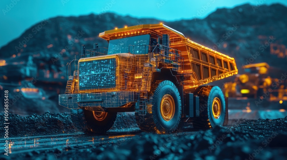 Poster a digital rendering of a mining truck, showcasing its design and function in the industry.