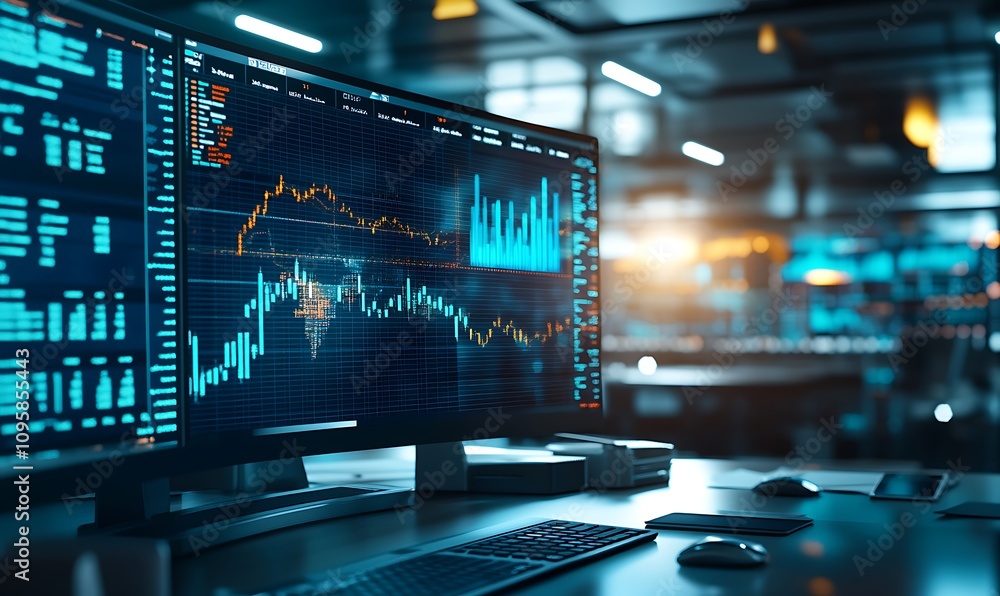 Poster a modern workspace featuring a computer monitor displaying stock market data and graphs.