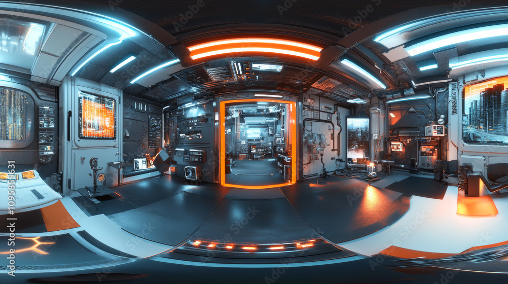 Poster 360 degree panorama view.a futuristic architecture studio is shown in a 3d image. it has bright led 