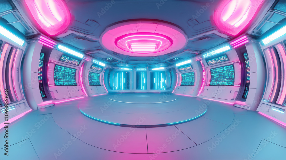 Poster 360 degree panorama view.a futuristic architecture studio is shown in a 3d image. it has bright led 