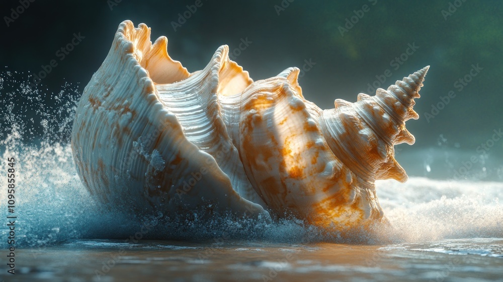 Aufkleber a large seashell emerging from ocean waves, illuminated by soft light.