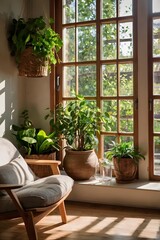 A cozy, modern living space with plants and warm natural light.