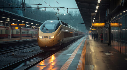 Naklejka premium Fast train in train station, High-speed.