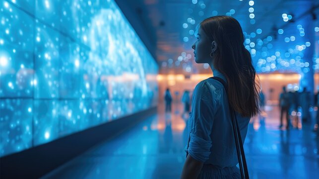 A women standing in blue high tech exhibition stand portrait gallery.