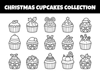 Christmas cupcakes outline vector illustration set