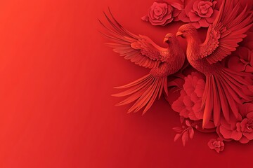 Red paper cut birds and flowers represent chinese lunar new year, offering a vibrant and festive greeting