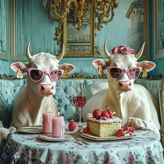 Two cows in sunglasses and with flowers on their heads, sitting at a table with a cake and wine, in a room decorated with rococo style.