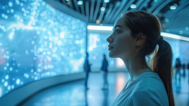 A women standing in blue high tech exhibition stand portrait gallery.