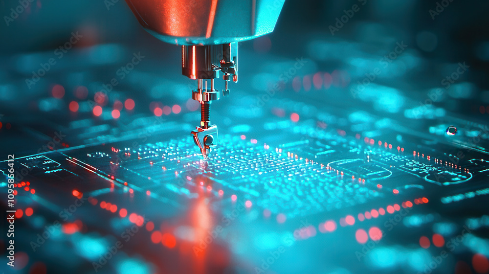 Poster robotic arm working on circuit board with glowing patterns and details, showcasing advanced technolo
