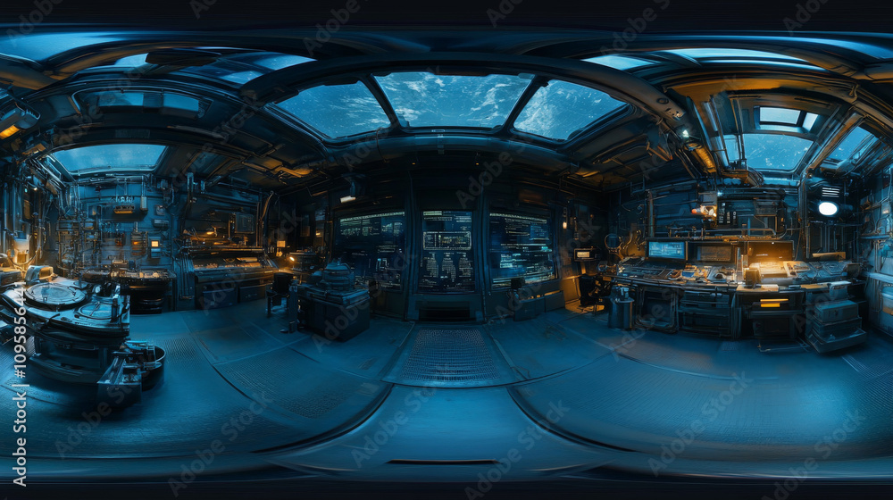 Poster 360 degree panorama view.a futuristic spaceship lab. the 3d image shows a panoramic view of a dark, 