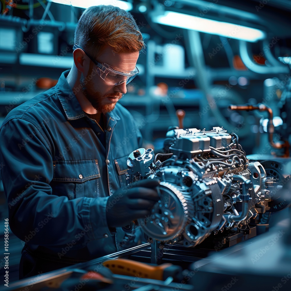 Poster a modern mechanic working on a vehicle engine in a well-equipped automotive workshop. the mechanic, 