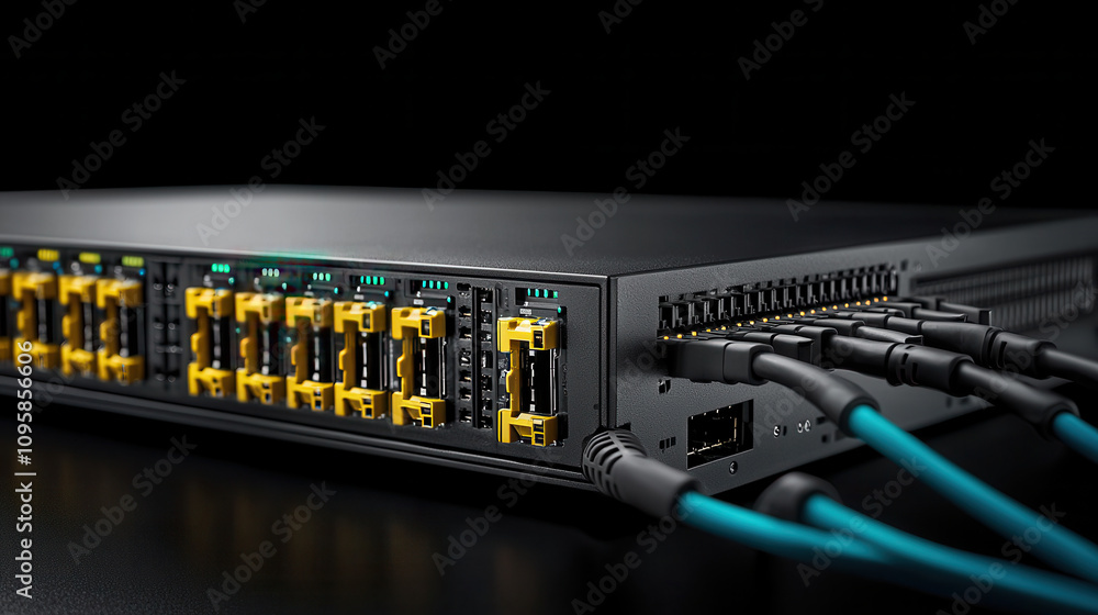 Poster high performance network switch with multiple ports and cables connected, showcasing advanced techno