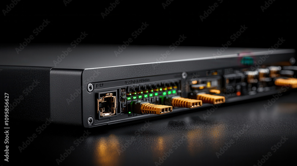 Poster close up view of network switch with illuminated ports and connectors, showcasing its intricate desi
