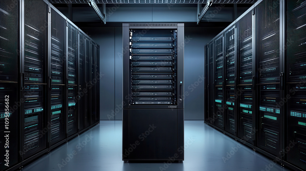 Poster modern network cabinet filled with servers and cables, showcasing sleek design and organized layout.