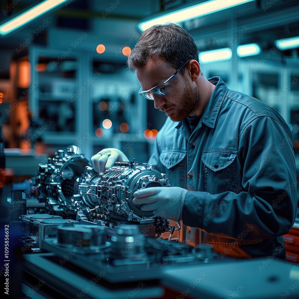 Poster a modern mechanic working on a vehicle engine in a well-equipped automotive workshop. the mechanic, 