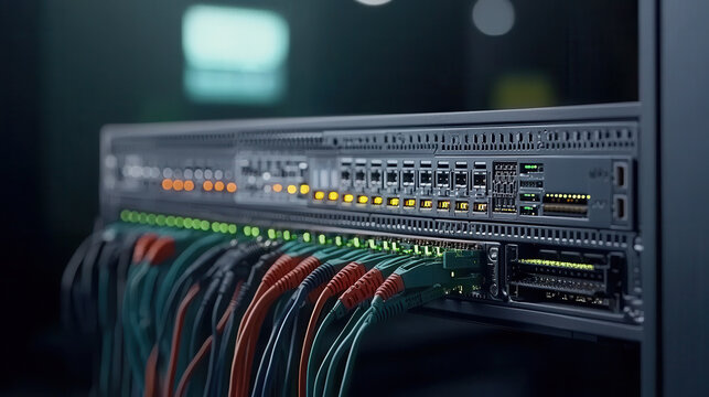 network cabinet with Cisco Catalyst switch, featuring colorful cables and illuminated ports, showcases modern data center setup