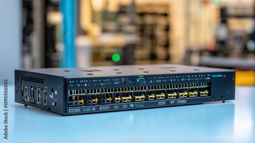 Poster network switch with multiple ports on blue surface, showcasing its design and functionality. ideal f