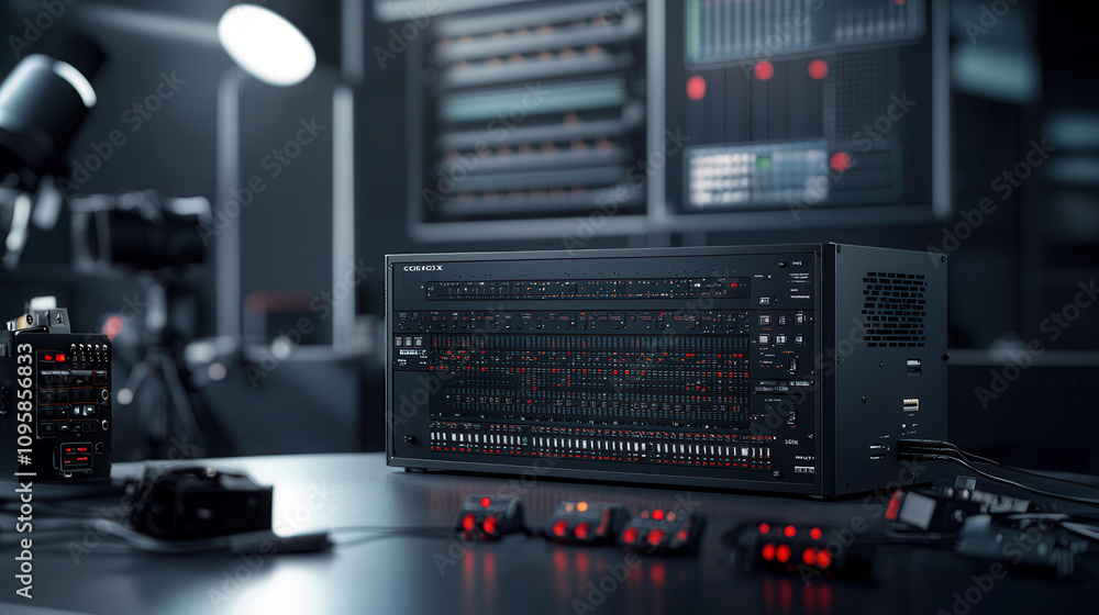 Poster high tech audio mixer with illuminated controls in studio setting. sleek design and vibrant lights c