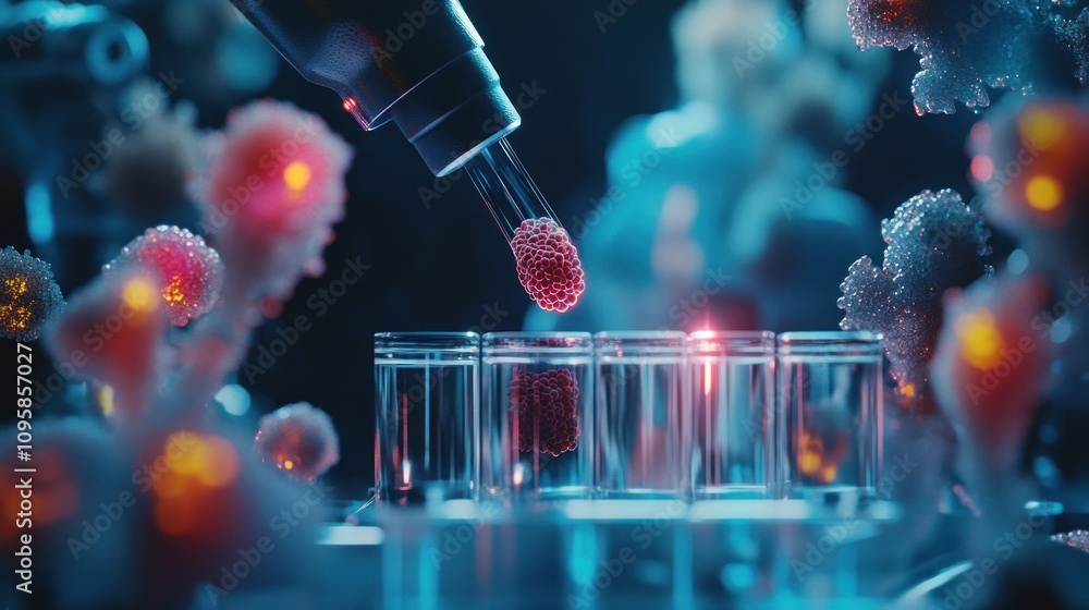 Aufkleber a pipette transfers a sample into test tubes surrounded by colorful cellular structures.