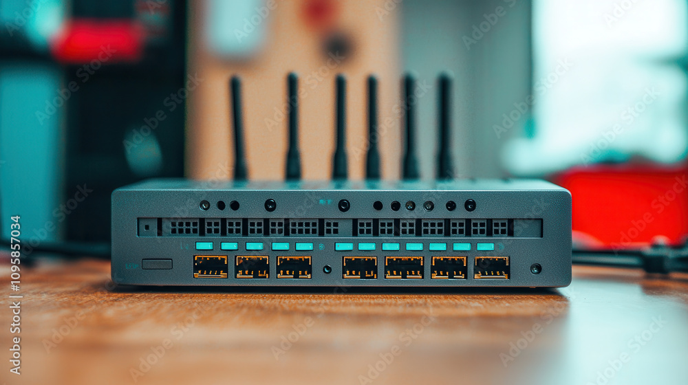 Poster network switch with multiple ports and antennas on tech table, showcasing modern technology and tool