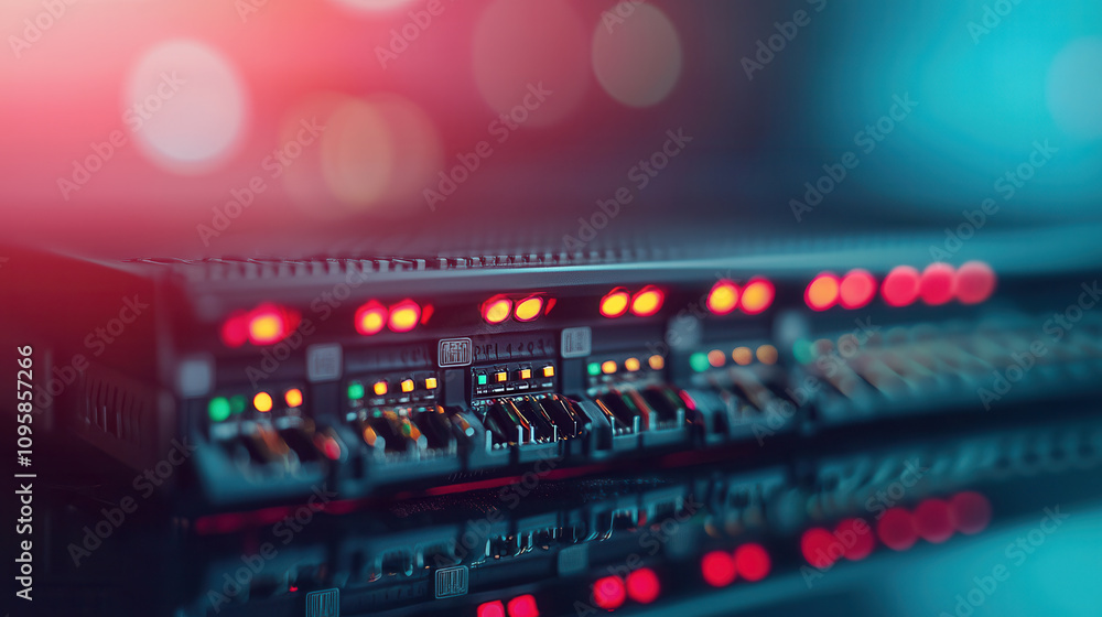 Poster high tech network switch with illuminated ports on modern workspace. vibrant lights create dynamic a
