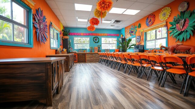 Vibrant Party Room Rental: Festive Decor and Ample Seating