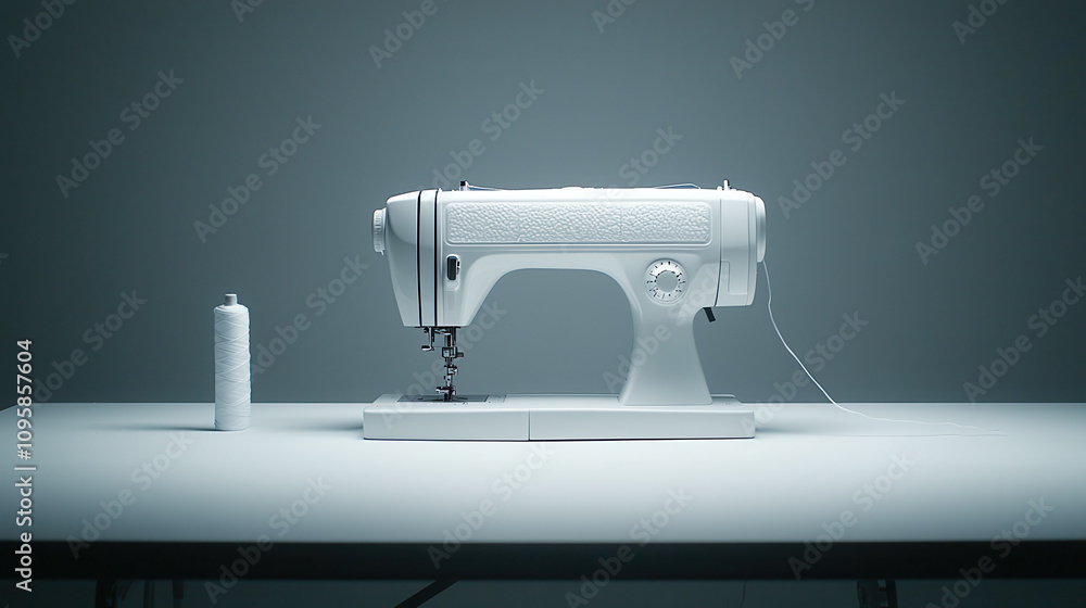 Poster modern white sewing machine on minimalist table with spool of thread. clean design emphasizes functi