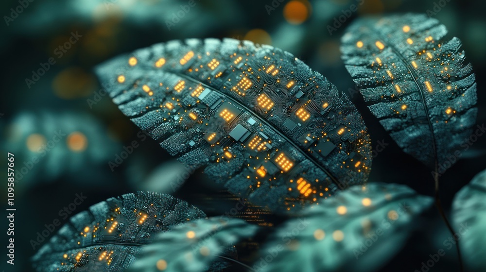 Poster a fusion of nature and technology, showcasing circuit-like patterns on leaves.