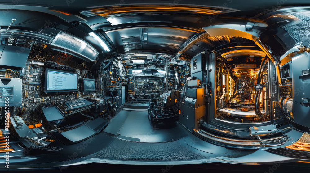 Poster 360 degree panorama view.a 3d image shows a computer's hardware. it's a panoramic view, high-resolut