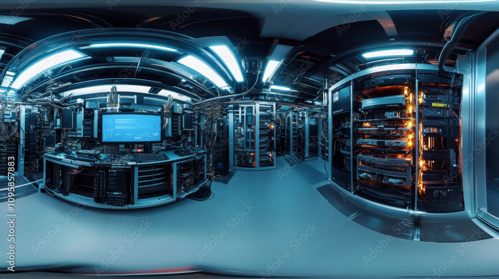Poster 360 degree panorama view.a 3d image shows a computer's hardware. it's a panoramic view, high-resolut