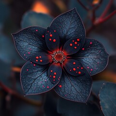 A close-up of a dark blue flower with red dots on the petals.