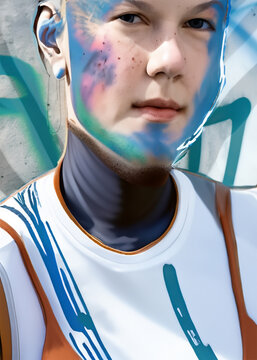 Graffiti-inspired abstract portrait featuring vibrant paint accents on a textured surface. Perfect for modern art branding, creative campaigns, or visual Abstract storytelling.