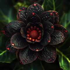 A dark, black flower with red spots and a red center, surrounded by green leaves.