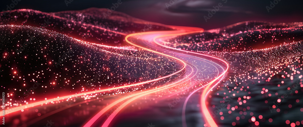 Aufkleber A highway made of data points and glowing red lines, with the road leading to distant black mountains. The background is pure dark space.