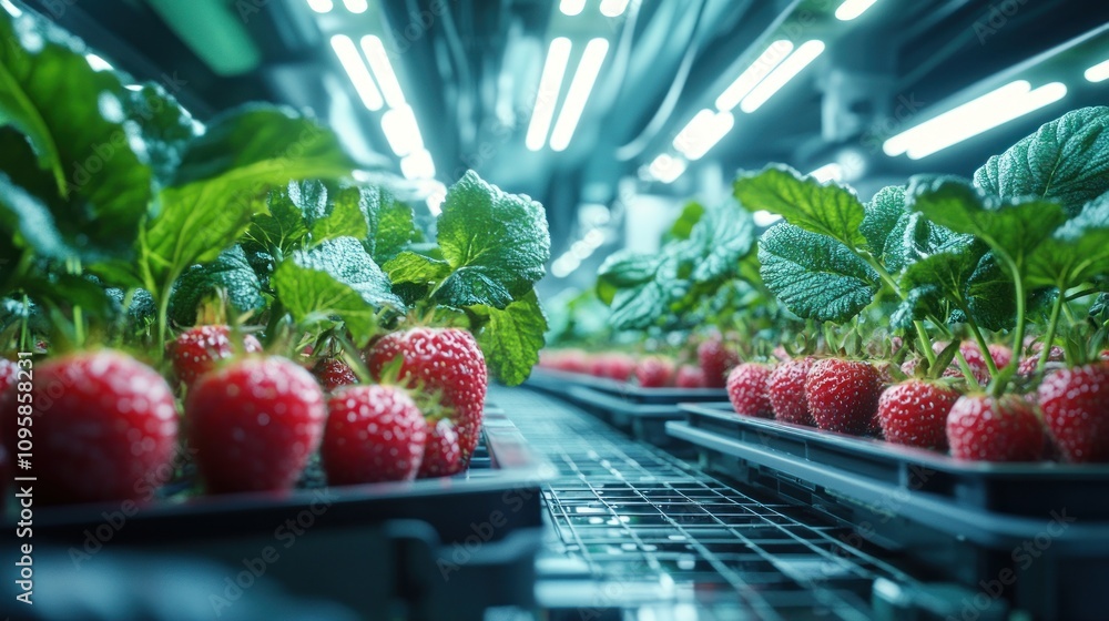 Poster hydroponically grown strawberries under artificial lights in a controlled environment.
