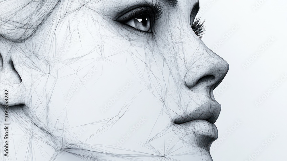 Poster abstract representation of a human face using geometric lines and shapes.