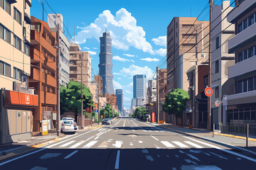 Obraz premium Anime Style City Road View in the Afternoon