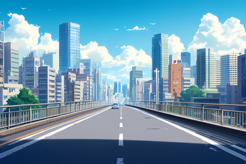 Obraz premium Anime Style City Road View in the Afternoon