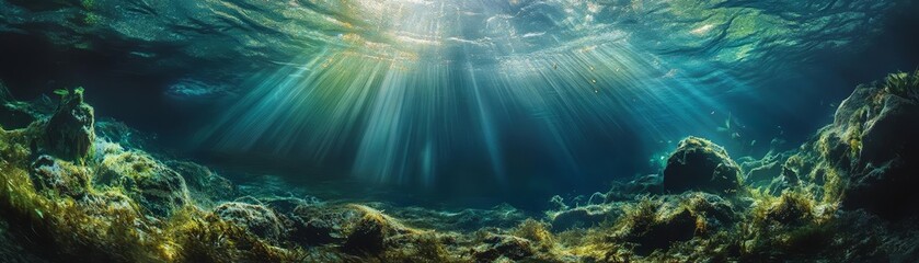 Obraz premium Ethereal underwater view with light beams filtering through rippling water, dark abyss below, ocean exploration, tropical aquatic beauty