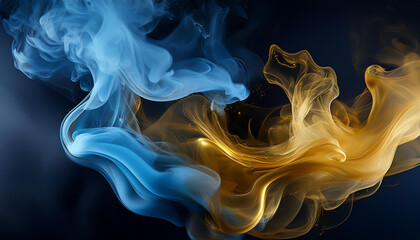 Fototapeta premium Mystical Blue and Gold Smoke on Black Background,Elegant Blue-Gold Smoke Swirls for Artistic Backgrounds, Vibrant Blue and Gold Smoke Effects for Creative Designs