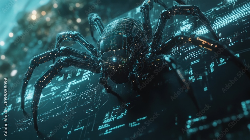 Poster a digital spider with a futuristic design, set against a backdrop of glowing data patterns.