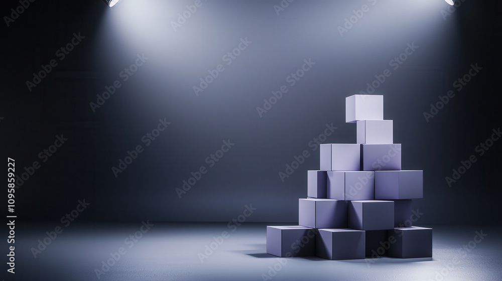 Poster Minimalist pyramid structure made of stacked boxes in dimly lit space, creating modern and artistic atmosphere