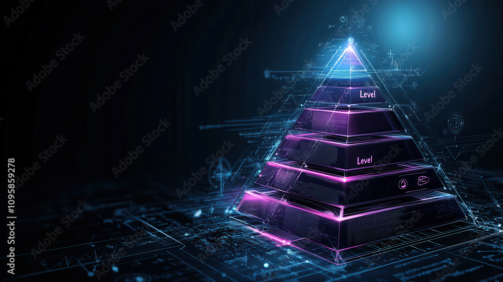 Poster digital pyramid diagram with purple levels and futuristic design, showcasing structured hierarchy. g