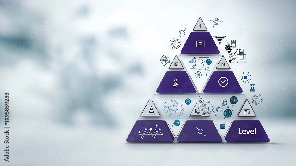 Poster infographic pyramid diagram with purple level boxes and icons representing various concepts. this vi